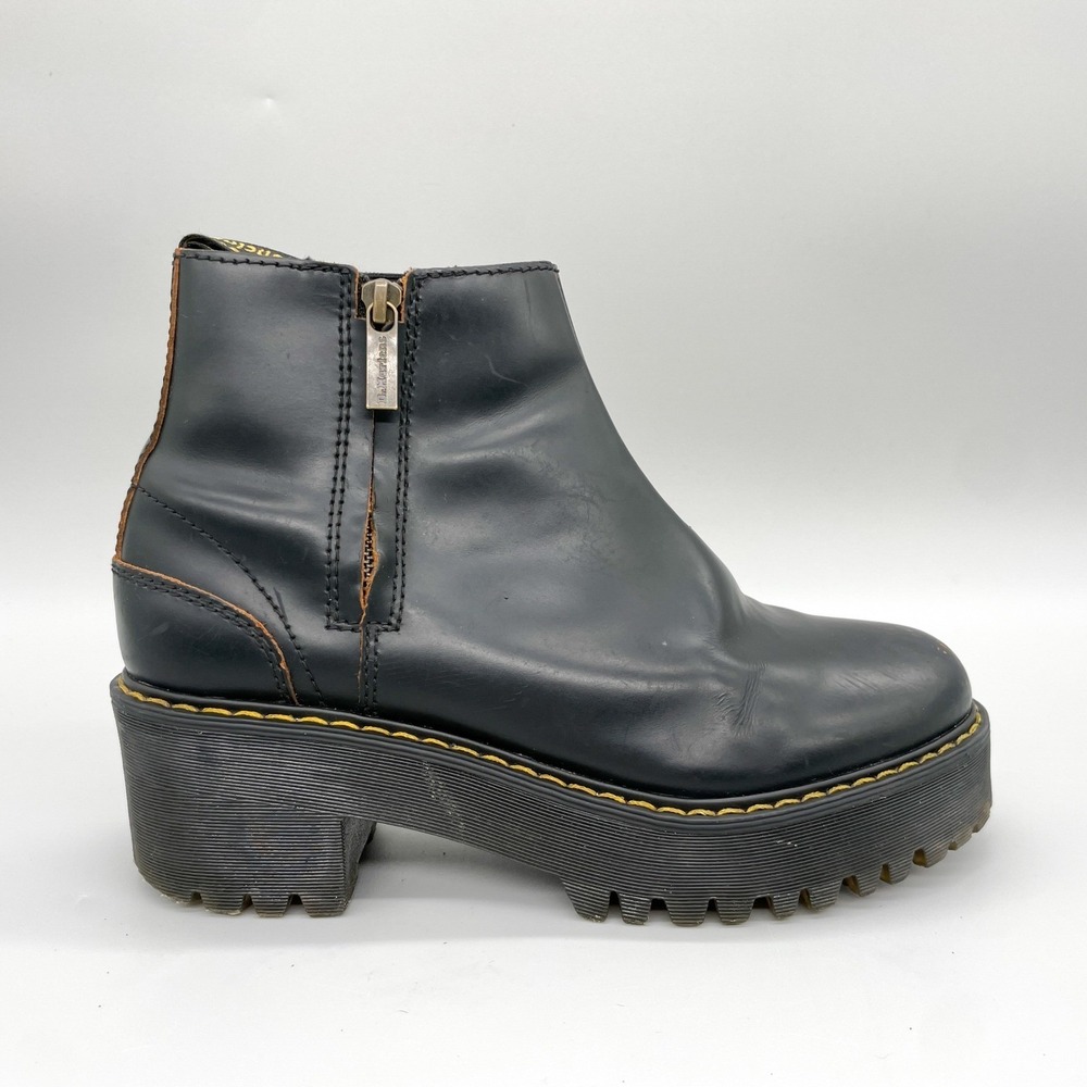 Dr Doc Martens Rometty Womens 8 Black Leather Platform Boots Zip Chunky Heel Y2K